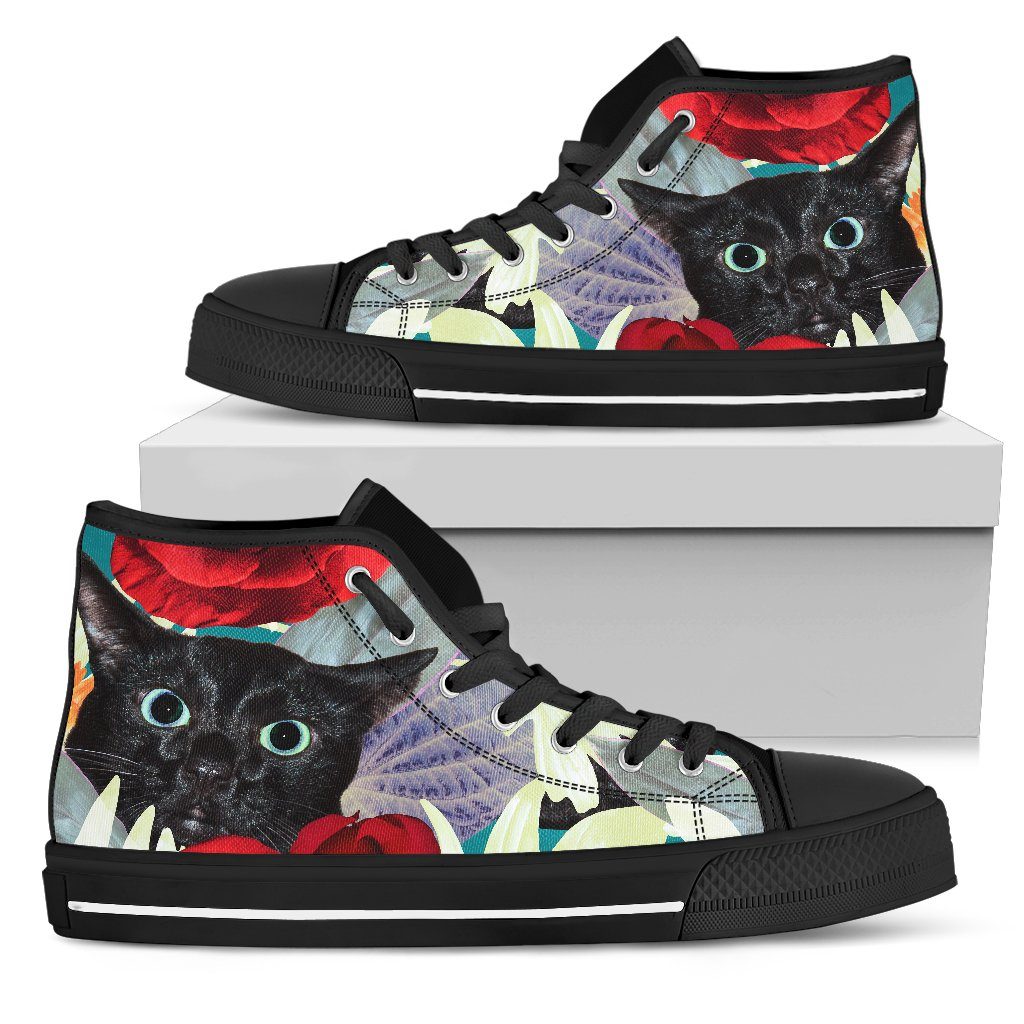 Floral Cat Black Ladies High Top Sneakers in Black Sole