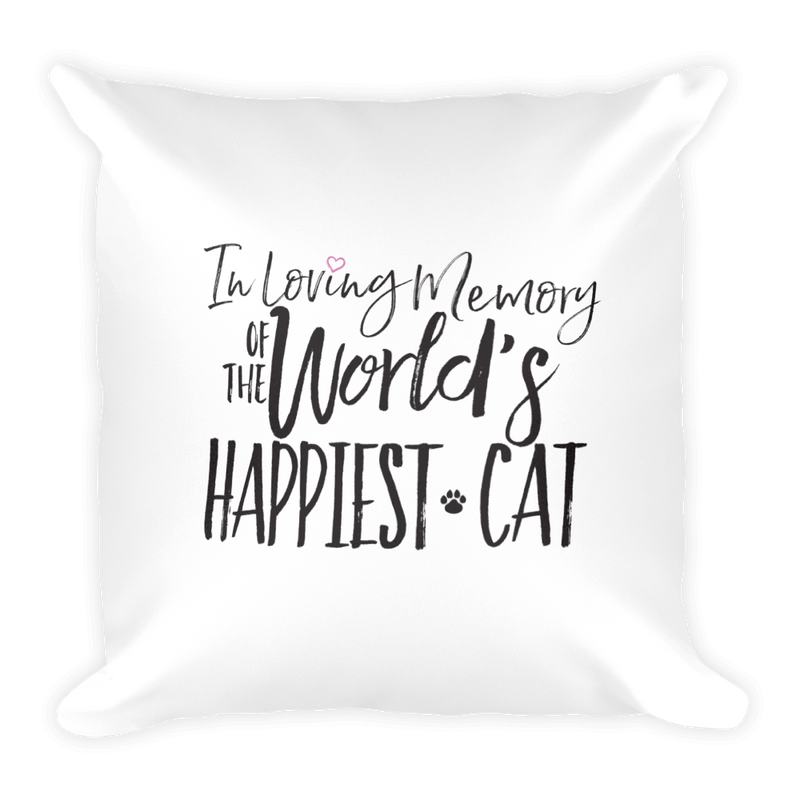 Floral Cat Happiest Cat Square Pillow in Back View Quote
