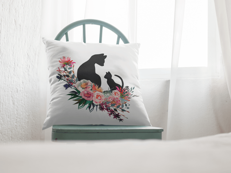 Floral Cat 'Family' Square Pillow