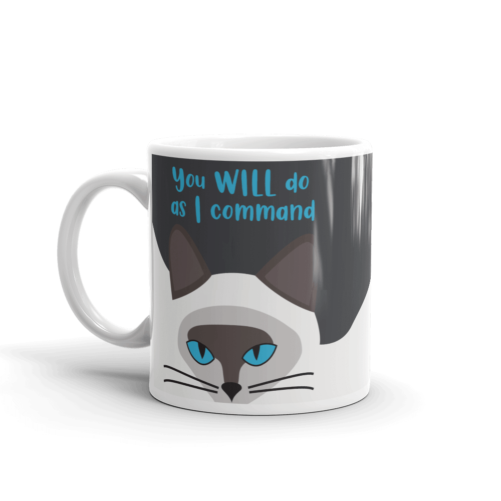 A glossy coffee mug featuring a hypnotic siamese cat