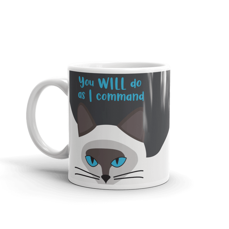 A glossy coffee mug featuring a hypnotic siamese cat