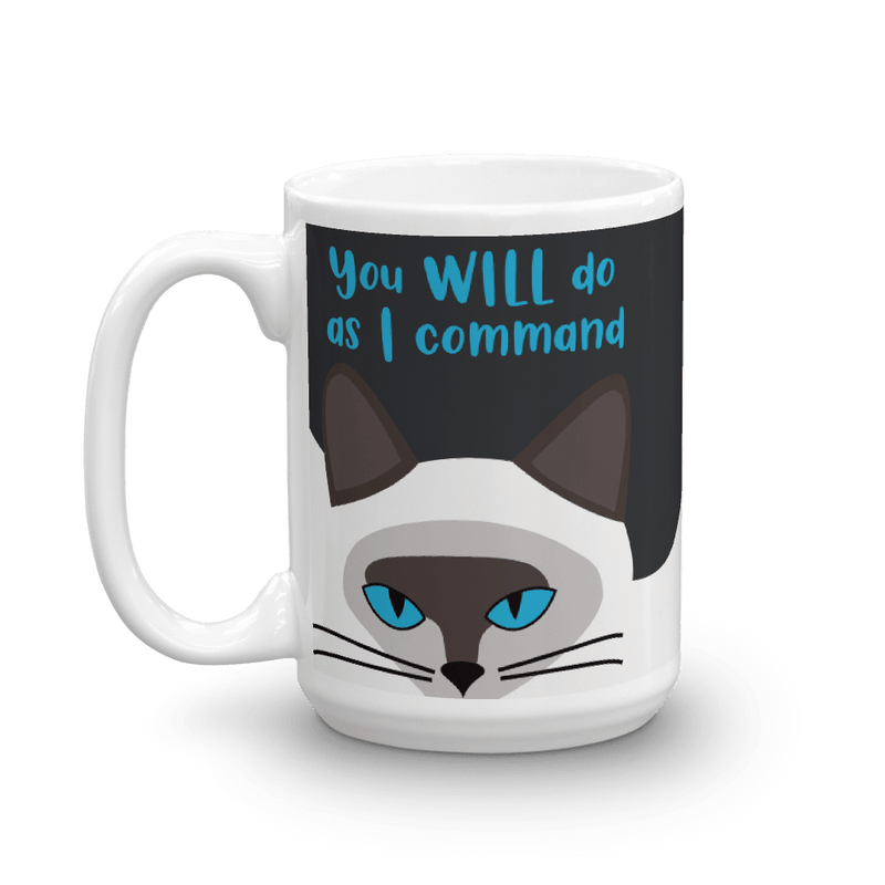 A glossy coffee mug featuring a hypnotic siamese cat