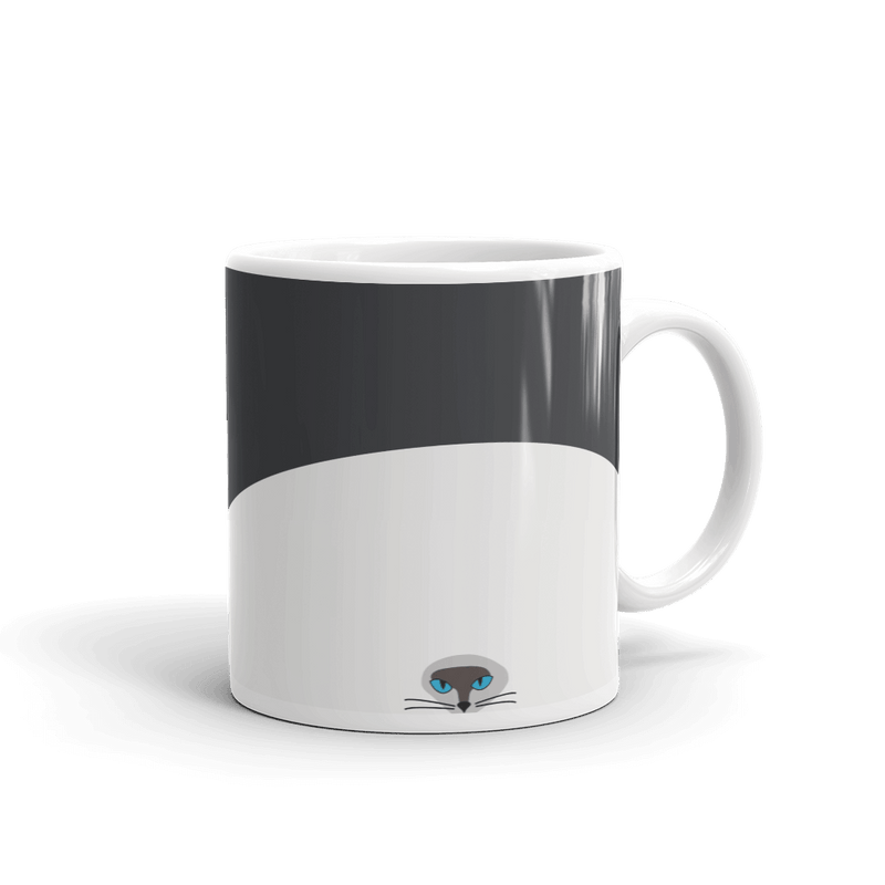 A glossy coffee mug featuring a hypnotic siamese cat
