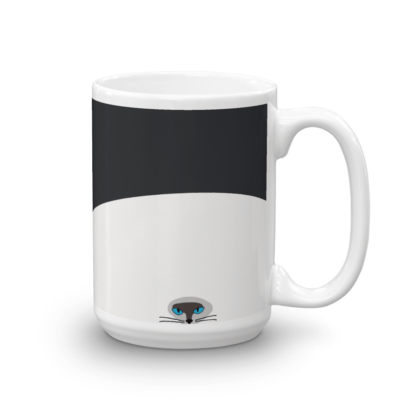 A glossy coffee mug featuring a hypnotic siamese cat