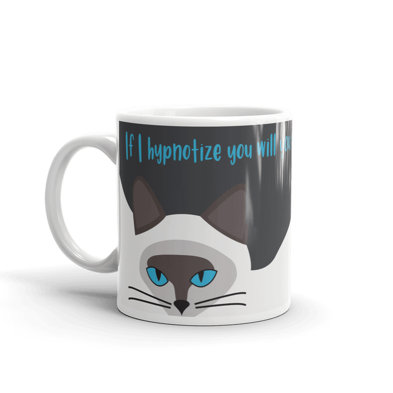 A glossy coffee mug featuring a hypnotic siamese cat