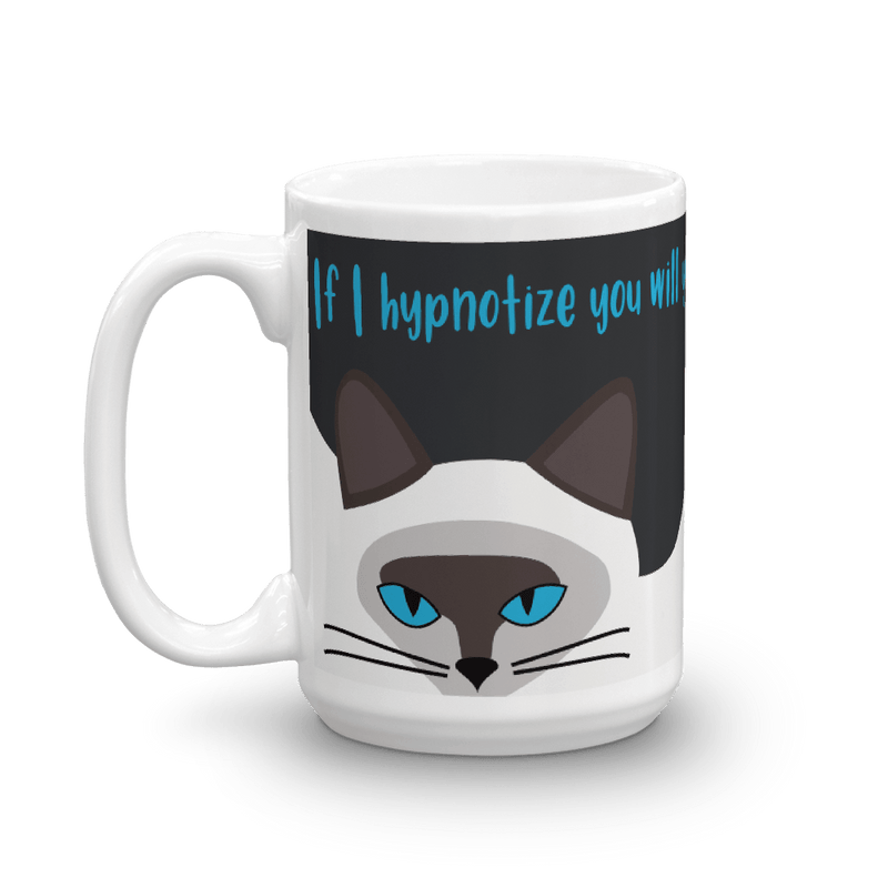 A glossy coffee mug featuring a hypnotic siamese cat