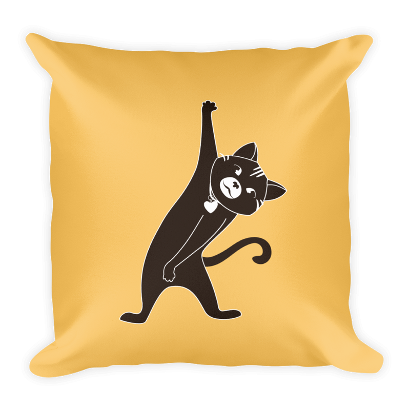 Yoga Cat Stretch Square Pillow in Apricot Yellow