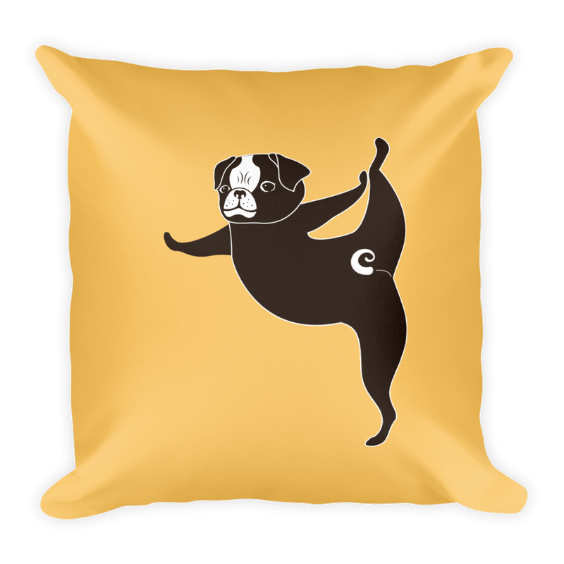 Yoga Pug Tippy Toes Square Pillow Apricot Yellow