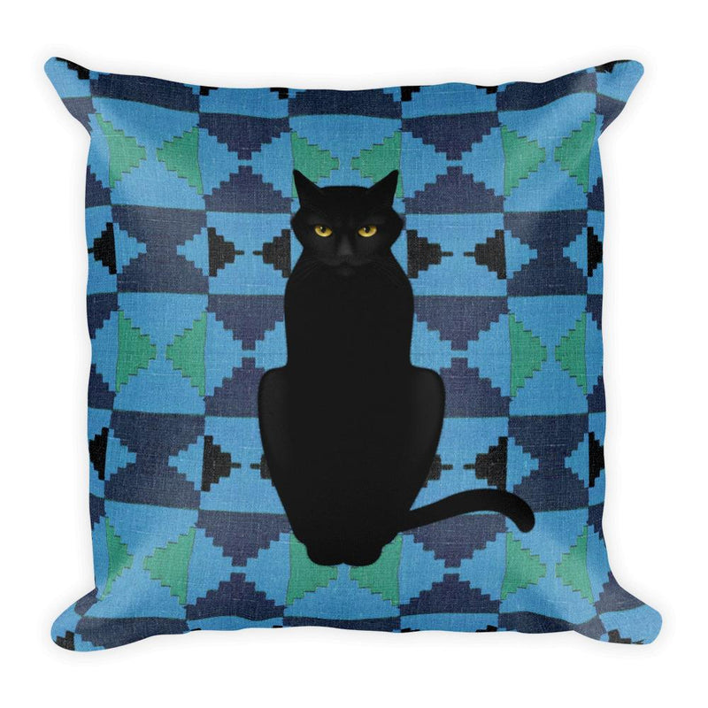 Cat Noir Sphynx Blue Ethnic Square Pillow in Front View