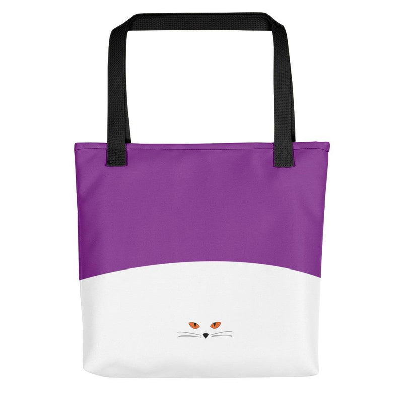 Inscrutable Cat Juicy Fruity Plum Tote bag Back View in Black Handle
