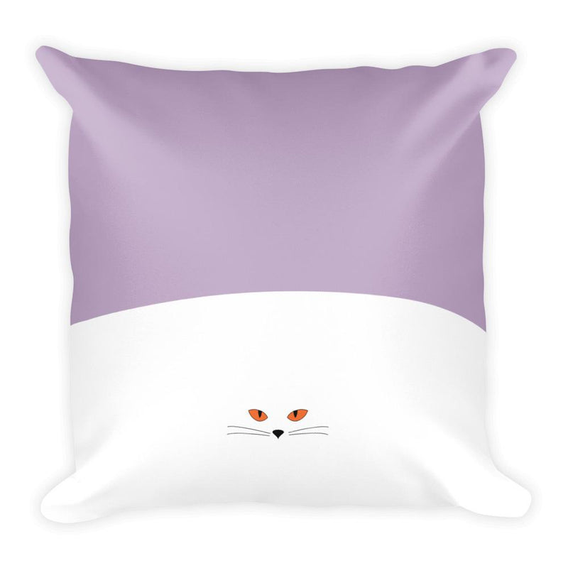 Inscrutable Cat White Cat Mauve Square Pillow in Back View