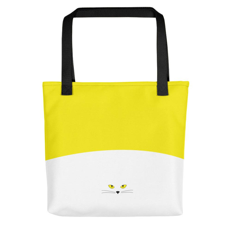 Inscrutable Cat Juicy Fruity Banana Tote bag Back View in Black Handle