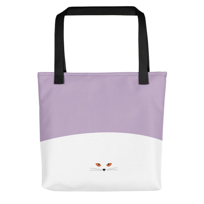 Inscrutable Cat Juicy Fruity Damson Tote bag Back View in Black Handle