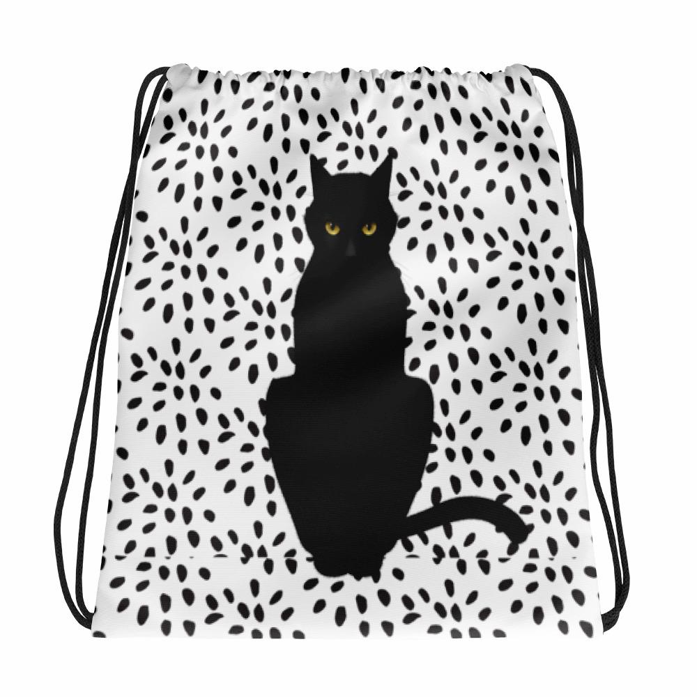 Cat Noir Panther Black and White Drawstring bag in Front View