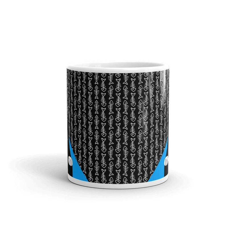 Evil Cat Fishbone Blue Mug in Middle View 11oz