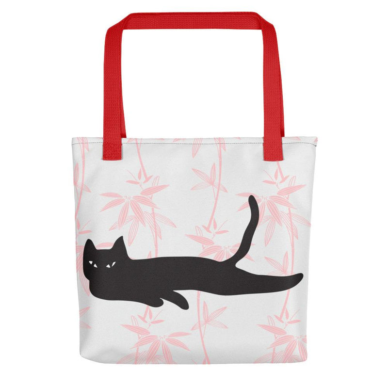 Cat Noir Floral Pink Tote bag Black Cat in Red Handle