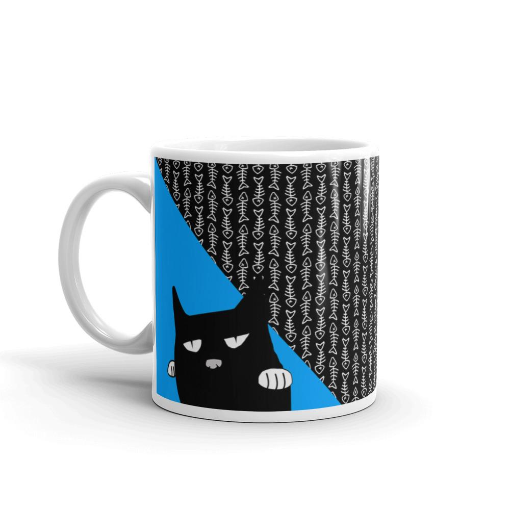 Evil Cat Fishbone Blue Mug in Left Side View 11oz