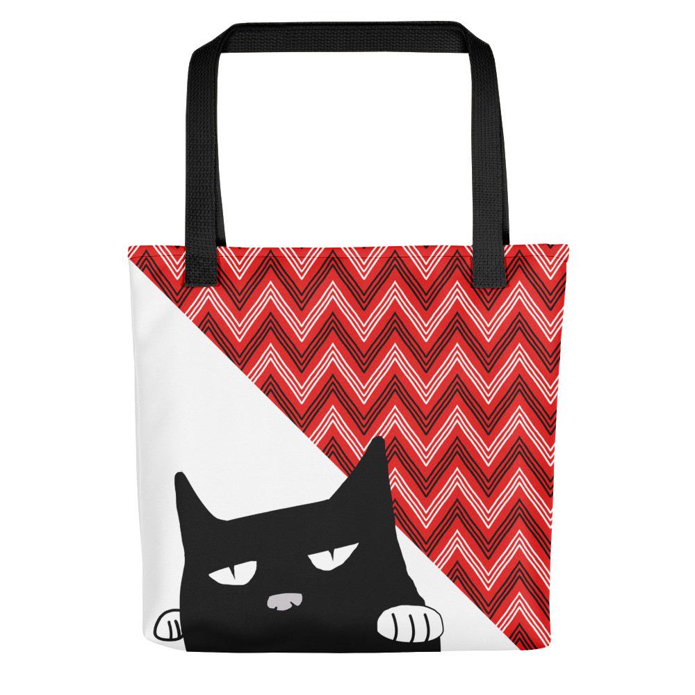 Evil Cat zig zag white Tote bag in front view black handle