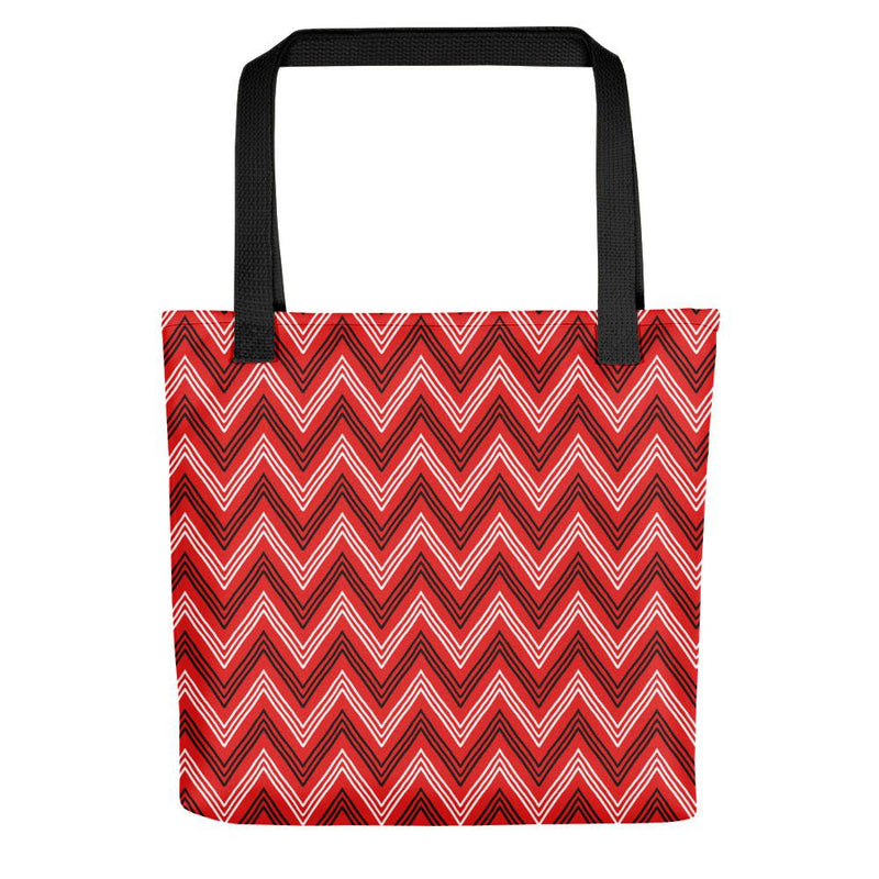 Evil Cat zig zag white Tote bag in back view black handle