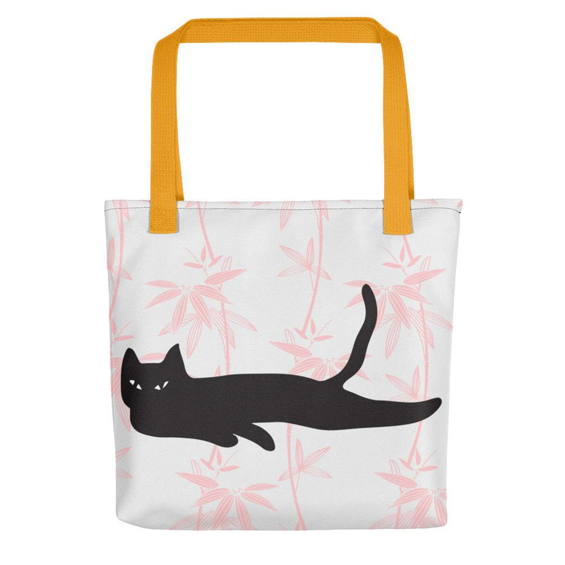 Cat Noir Floral Pink Tote bag Black Cat in Yellow Handle
