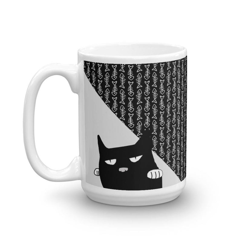 Evil Cat Fishbone Gray Mug in Right Side View 15oz