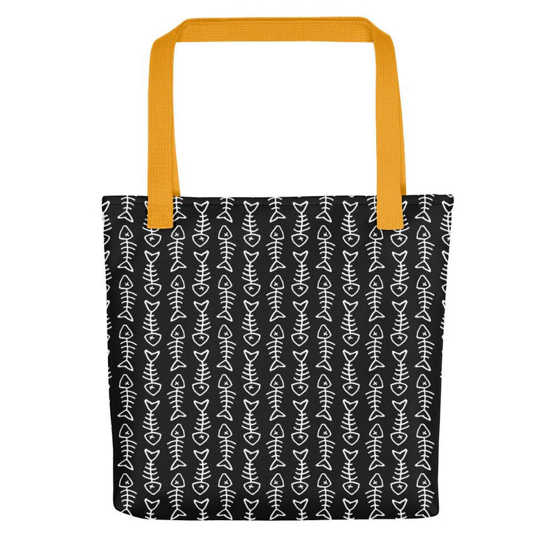 Evil Cat Fishbone Blue Tote bag in back view yellow handle