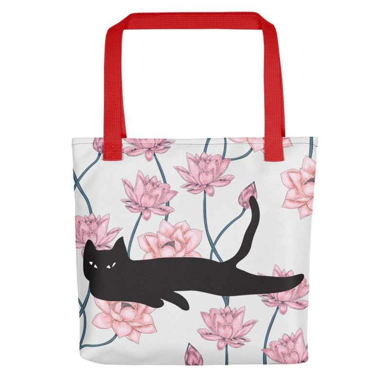 Cat Noir Pink Flower Tote bag Black Cat in Red Handle