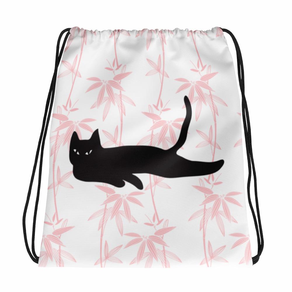 Cat Noir Floral Pink Drawstring bag with a Black Cat