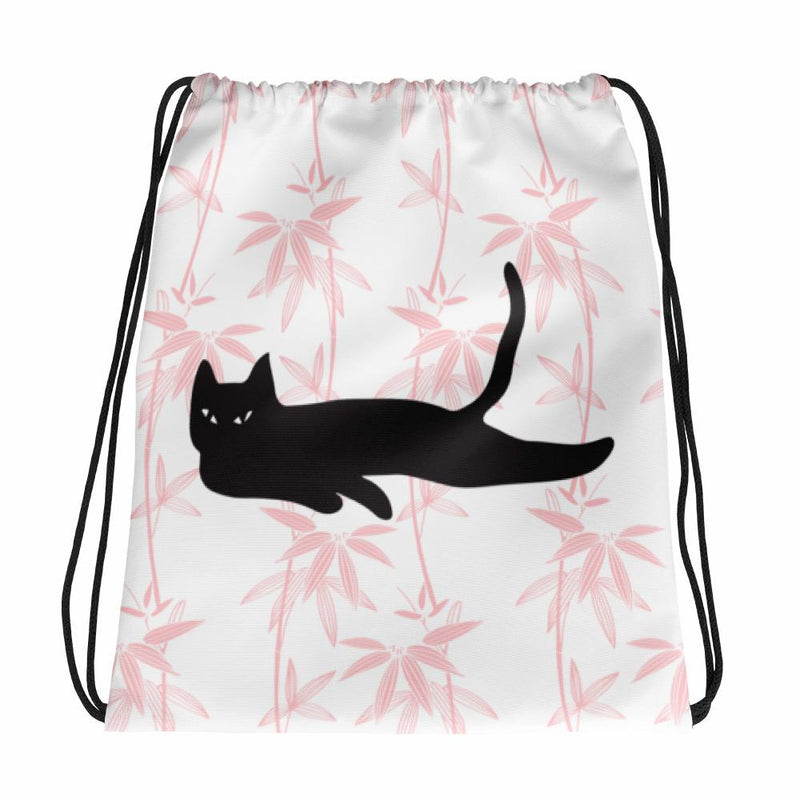 Cat Noir Floral Pink Drawstring bag with a Black Cat