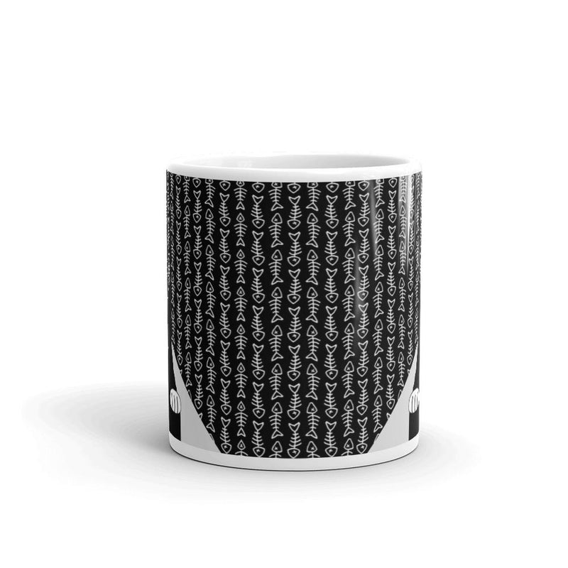 Evil Cat Fishbone Gray Mug in Middle View 11oz