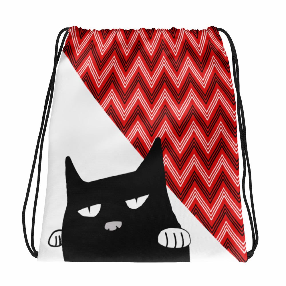 Evil Cat Zig Zag White Drawstring bag in Front View