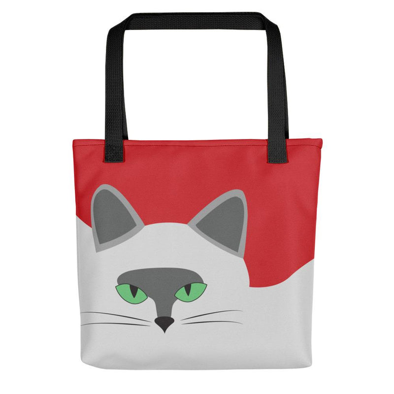 Inscrutable Cat Smoky Cat Red Tote bag in Black Handle Front View