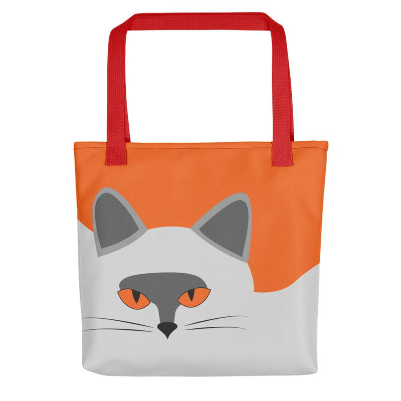 Inscrutable Cat Smoky Cat Orange Tote bag in Red Handle Front View