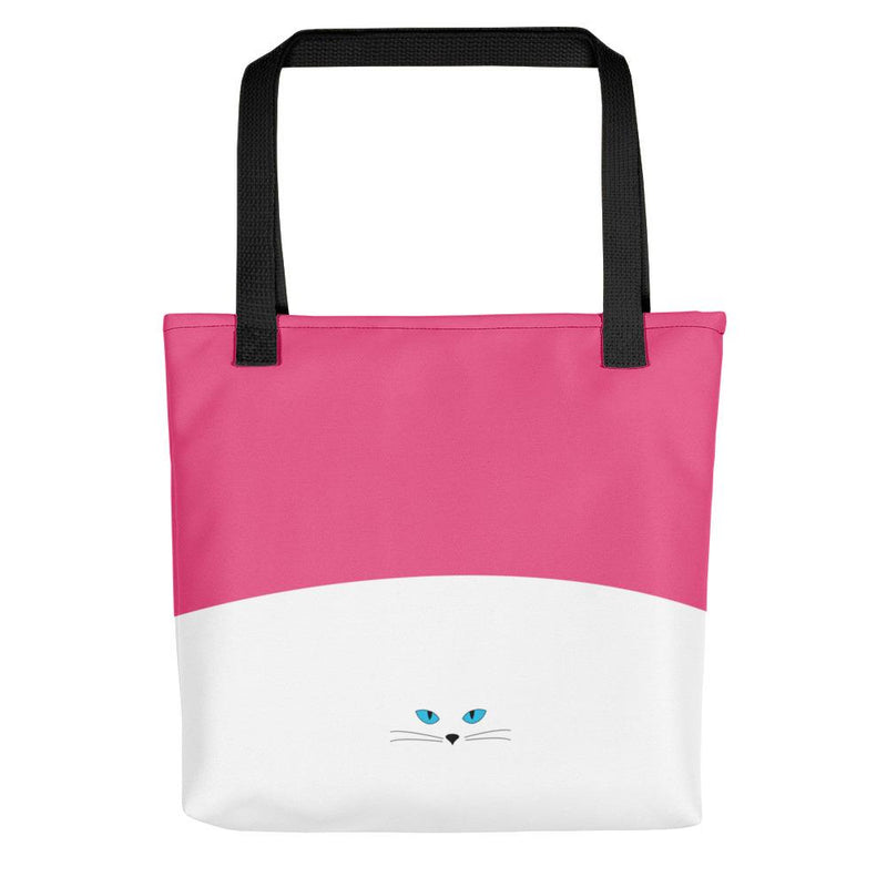 Inscrutable Cat Juicy Fruity Pink Tote bag Back View in Black Handle
