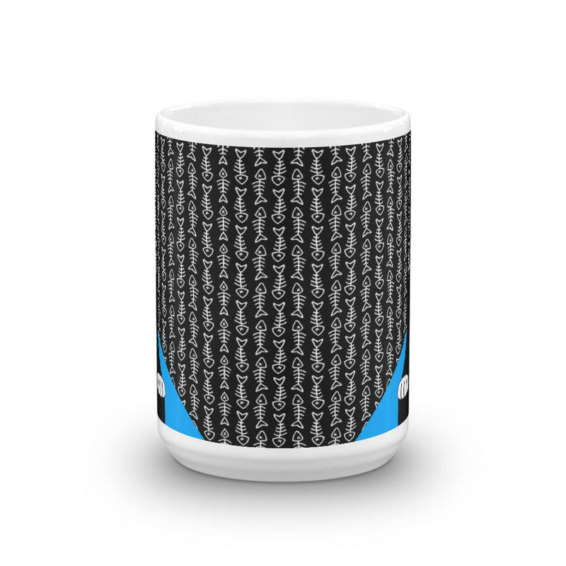 Evil Cat Fishbone Blue Mug in Middle View 15oz