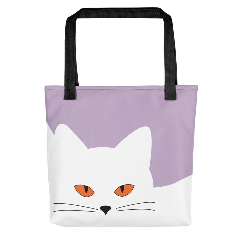 Inscrutable Cat Juicy Fruity Damson Tote bag Front View in Black Handle