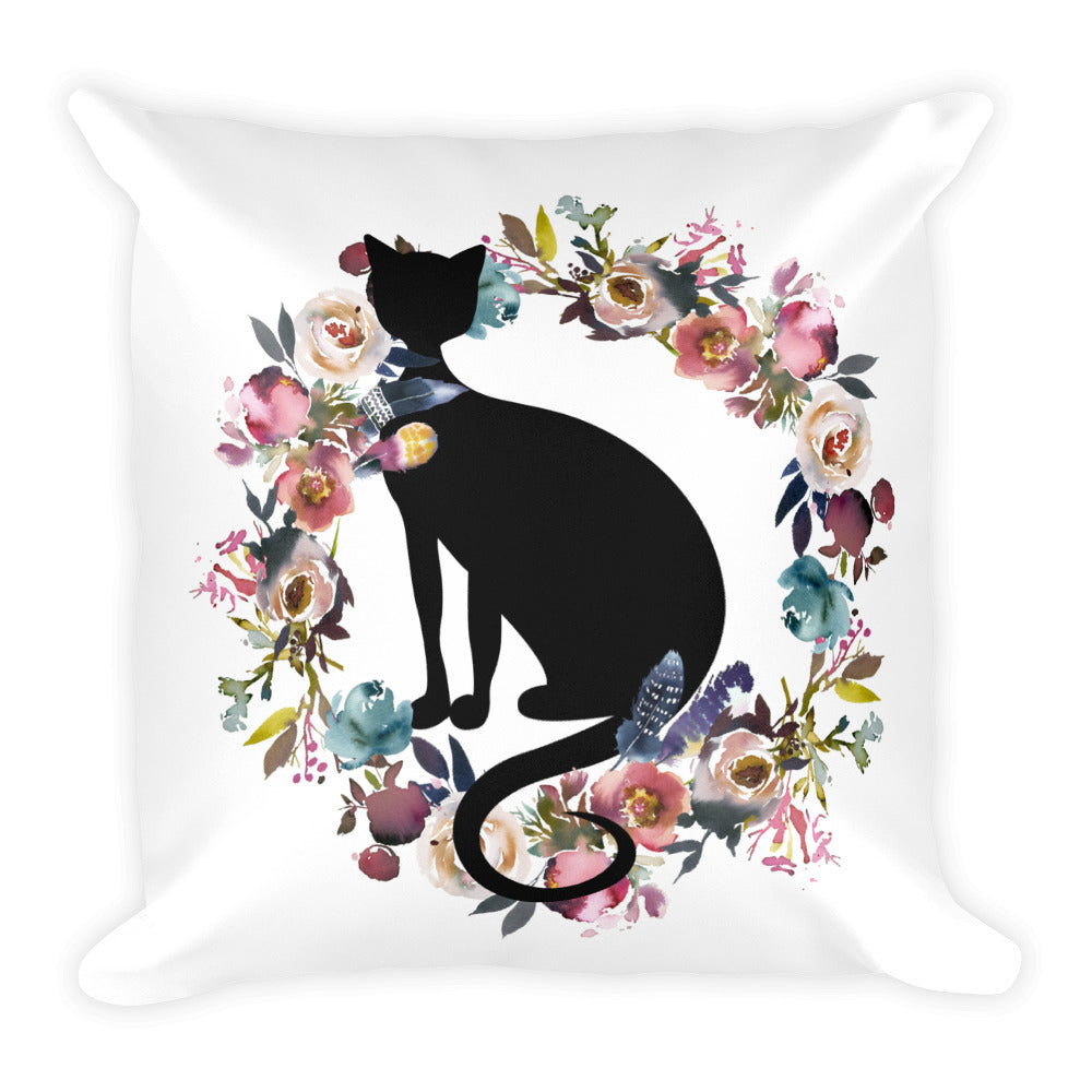 Floral Cat Happiest Cat Square Pillow in Front View