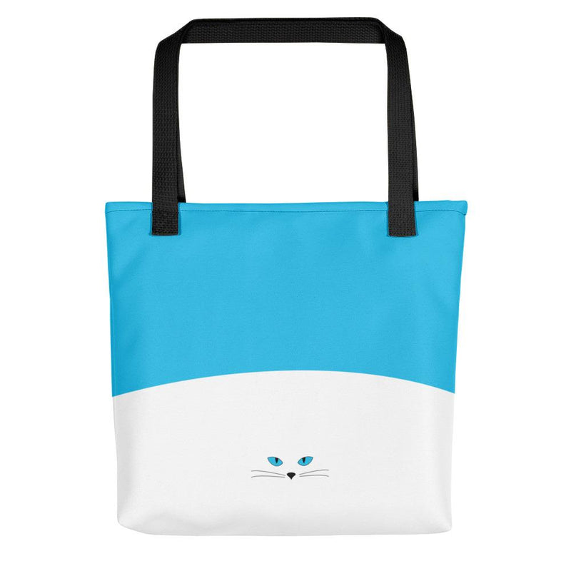 Inscrutable Cat Juicy Fruity Blue Tote bag Back View in Black Handle