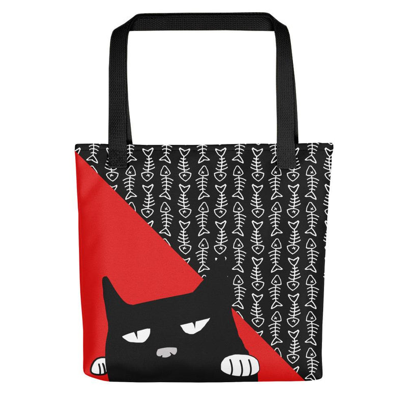 Evil Cat Fishbone Red Tote bag in Front View Black Handle