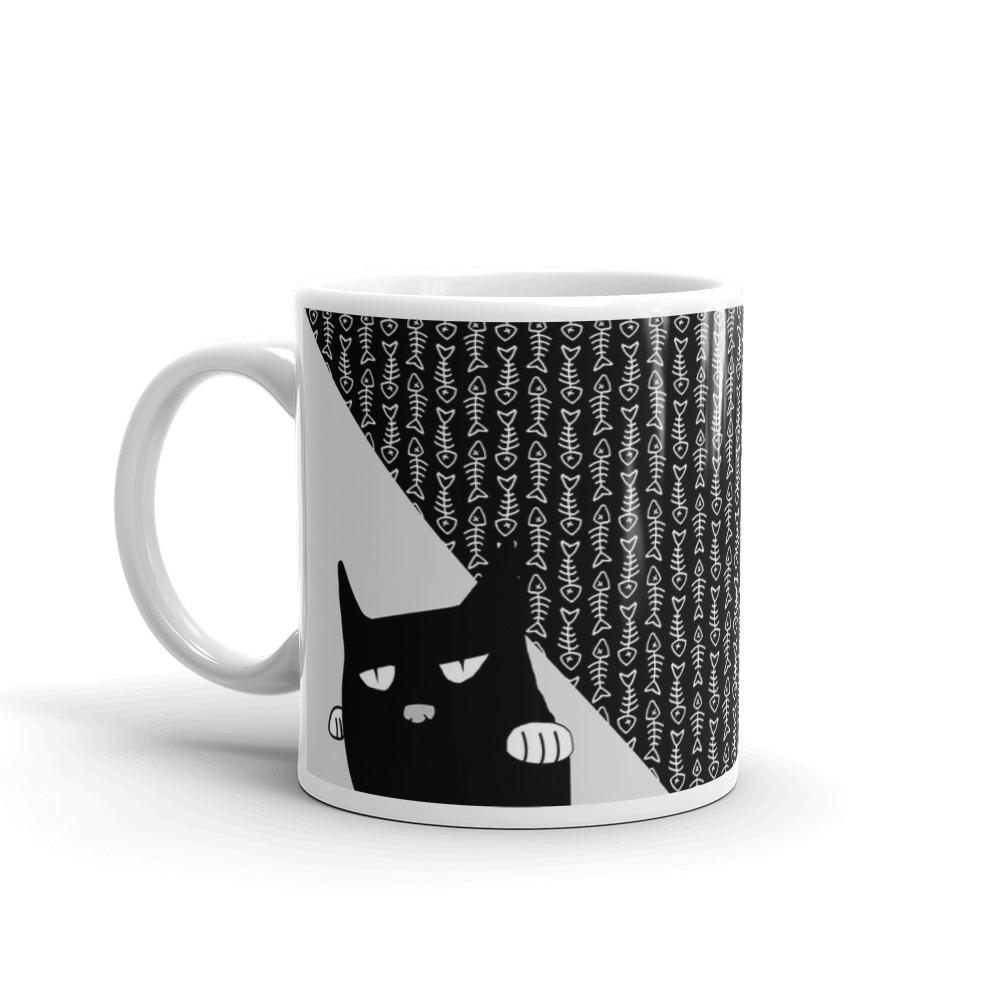Evil Cat Fishbone Gray Mug in Right Side View 11oz