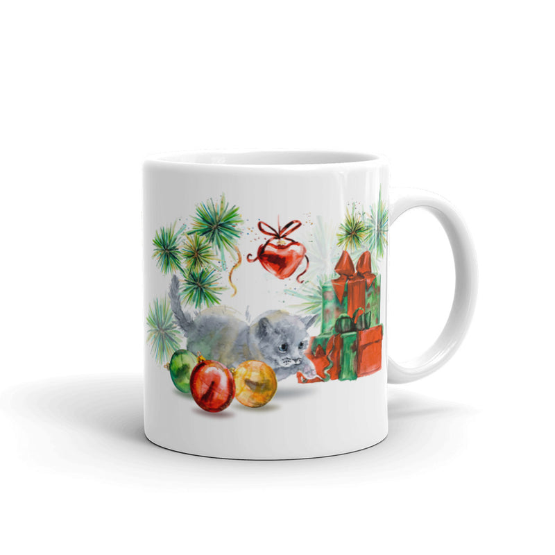 Festive Cat Christmas Tabby Smoky Mug in Left View