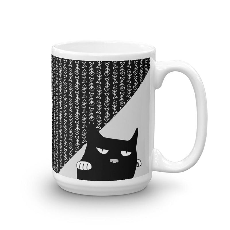 Evil Cat Fishbone Gray Mug in Left Side View 15oz