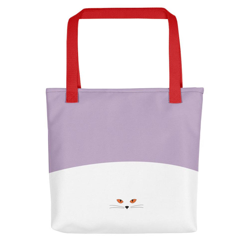 Inscrutable Cat Juicy Fruity Damson Tote bag Back View in Black Handle Red