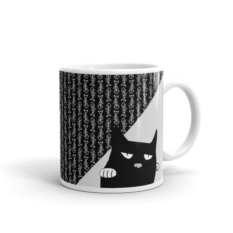 Evil Cat Fishbone Gray Mug in Left Side View 11oz