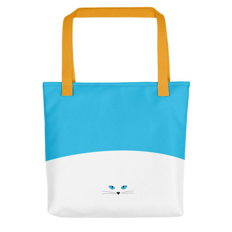 Inscrutable Cat Juicy Fruity Blue Tote bag Back View in Yellow Handle