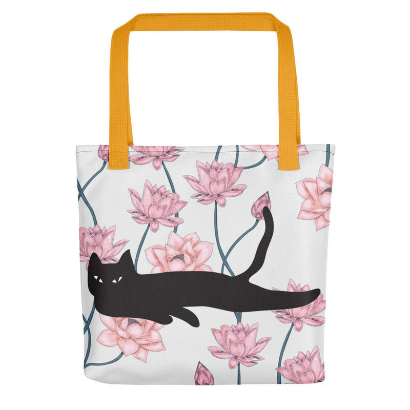 Cat Noir Pink Flower Tote bag Black Cat in Yellow Handle