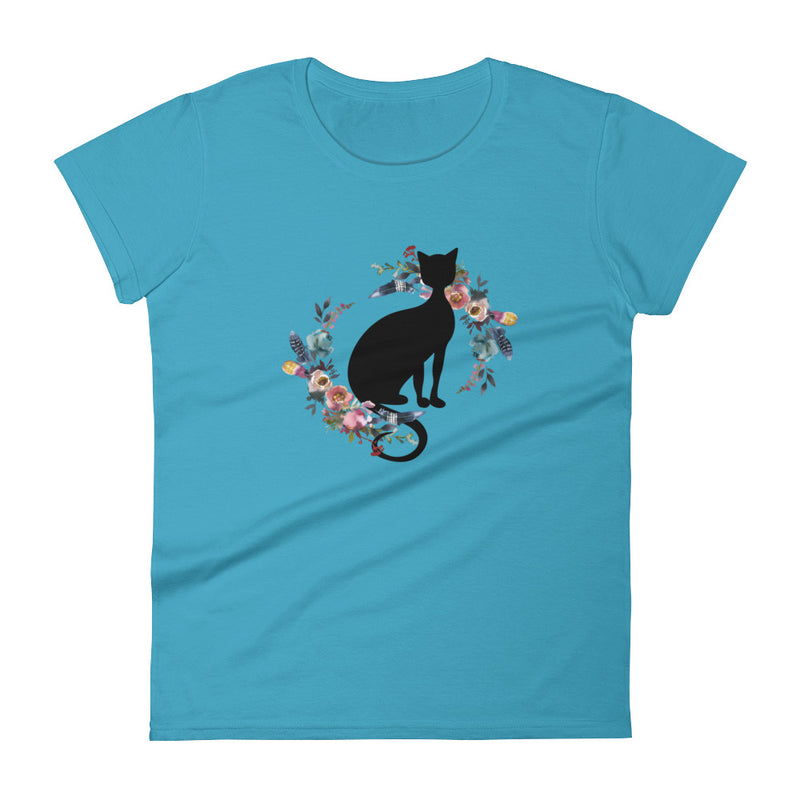 Floral Cat 'In Loving Memory Dusty Blue and Rose' Women's Short Sleeve T-Shirt