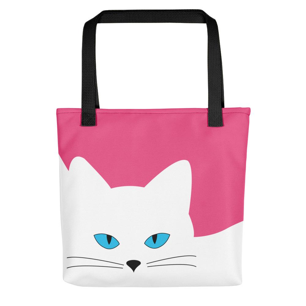 Inscrutable Cat Juicy Fruity Pink Tote bag Front View in Black Handle