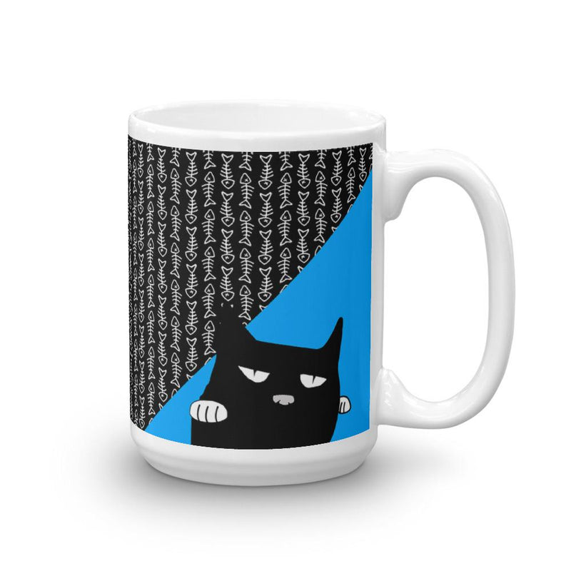 Evil Cat Fishbone Blue Mug in Left Side View 15oz