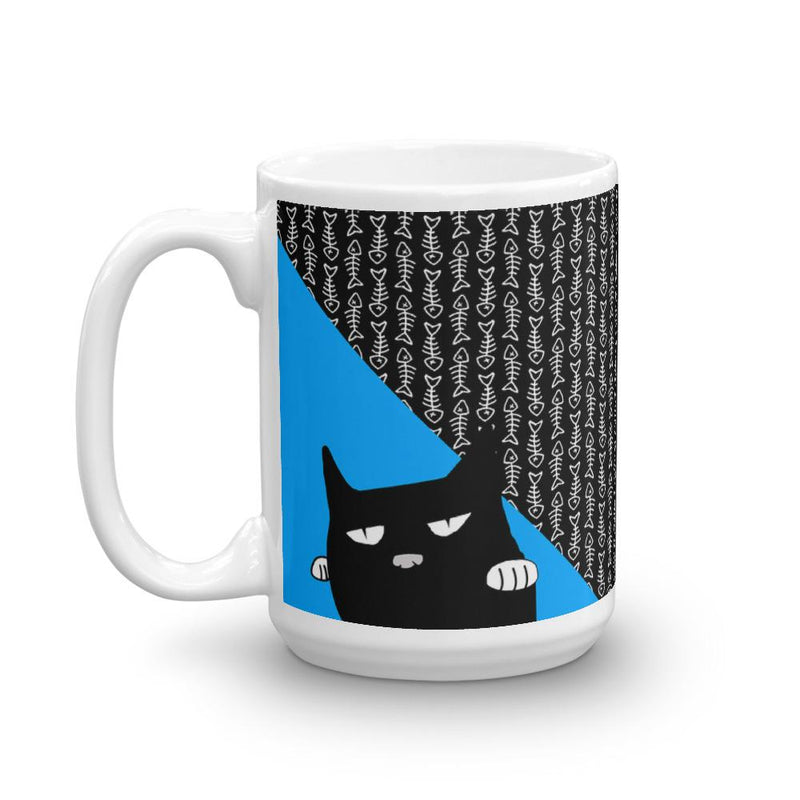 Evil Cat Fishbone Blue Mug in Right Side View 15oz